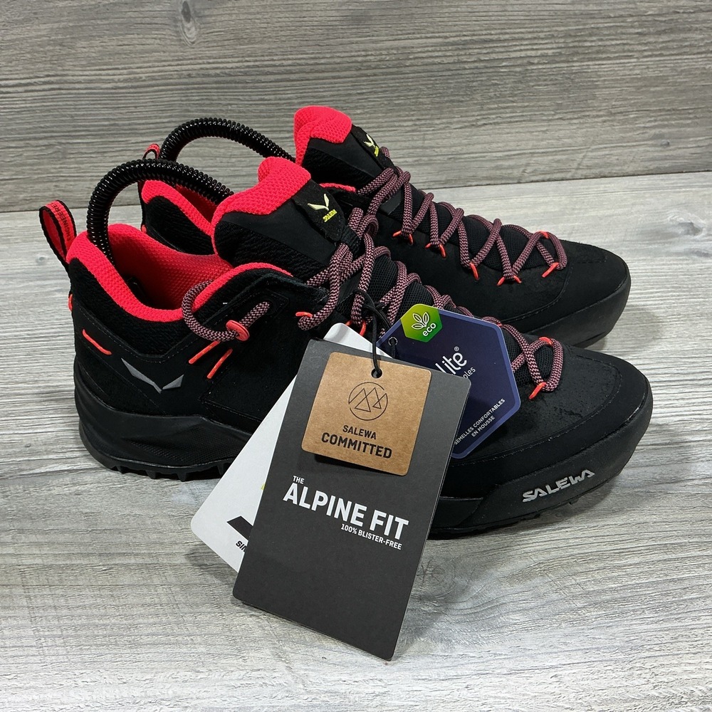 Salewa Wildfire Womens Hiking Shoes 6.5 Black Fluo Coral Leather Lace Up Low Top